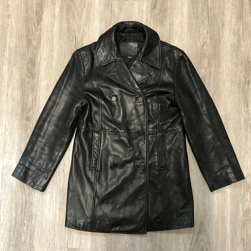 Vintage Coach Genuine Black Leather Jacket Women Size Small Double Breasted Coat